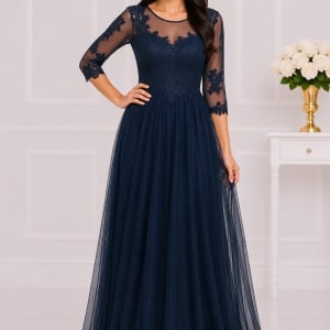 Rochie rafinata din tul stratificat cu aplicatii de dantela, bleumarin