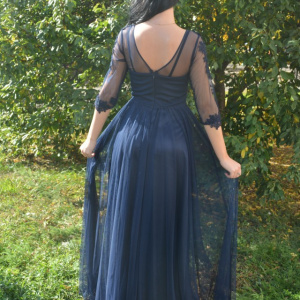 Rochie rafinata din tul stratificat cu aplicatii de dantela, bleumarin - Img 5