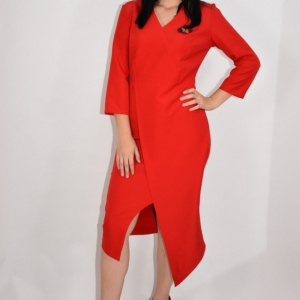 Rochie rafinata Mila cu crepeu in fata,model asimetric,nuanta de rosu - Img 5