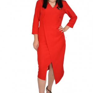 Rochie rafinata Mila cu crepeu in fata,model asimetric,nuanta de rosu - Img 1