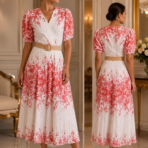Rochie rafinata Raelynn, nuanta crem-corai cu design floral - Img 2