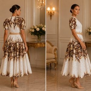 Rochie rafinata Raelynn, nuanta de crem -maro, cu design floral - Img 2