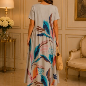 Rochie rafinata Raelynn, nuanta de nisipiu cu design floral - Img 3