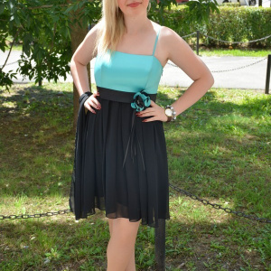 Rochie rafinata, scurta, bicolore , negru-turcuaz - Img 2