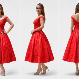Rochie rosie de gala, din material cu tinuta si croi asimetric