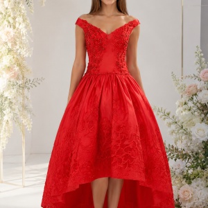 Rochie rosie de gala, din material cu tinuta si croi asimetric