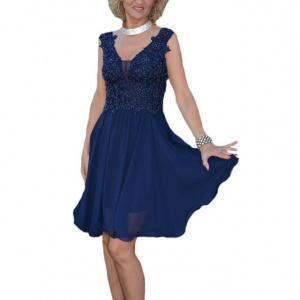 Rochie scurta de seara cu margele aplicate, nuanta bleumarin - Img 1