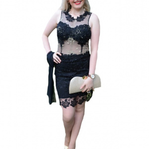 Rochie scurta de seara din tul si dantela, de culoare neagra