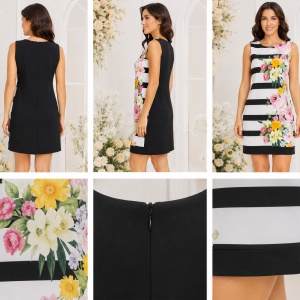 Rochie scurtă elegantă alb-negru cu imprimeu floral multicolor - Img 2