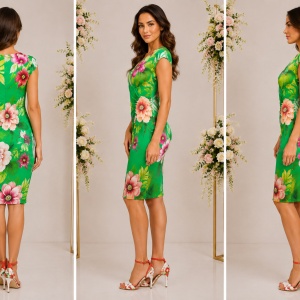 Rochie scurta fara maneca, material vaporos, verde cu flori roz - Img 2