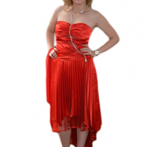 Rochie sofisticata de ocazie, rosie, cu pliuri si insertii de strass-uri - Img 1