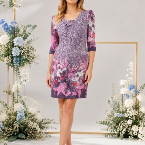 Rochie subtire cu maneca trei-sferturi, de culoare roz-gri