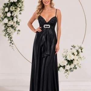 Rochie superba de gala, din saten elegant, cu insertii de paiete negre