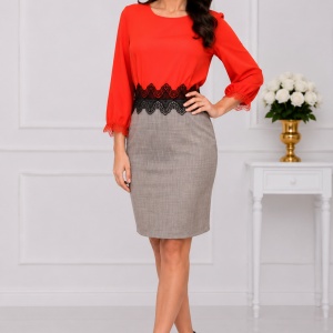 Rochie tinereasca cu aspect de doua piese, nuanta de gri-rosu