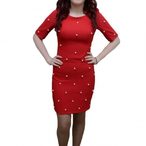 Rochie tinereasca, de culoare rosie, perle albe aplicate - Img 1