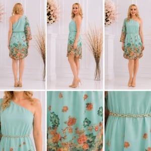 Rochie tinereasca de culoare turcoaz, model cu o maneca larga - Img 2