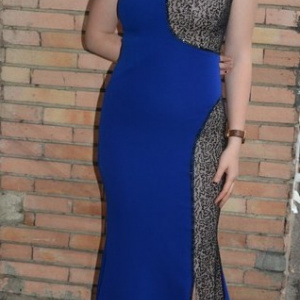 Rochie trendy nuanta albastra cu paiete negre, model lung, tineresc - Img 2