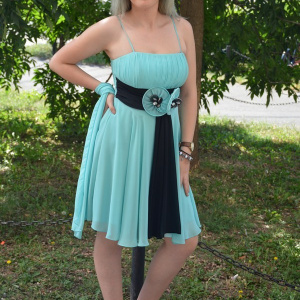 Rochie turcoaz din voal, cu model plisat in partea de sus - Img 4
