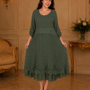 Rochie vaporoasa Laura,insertii de dantela si paiete,nuanta de kaki