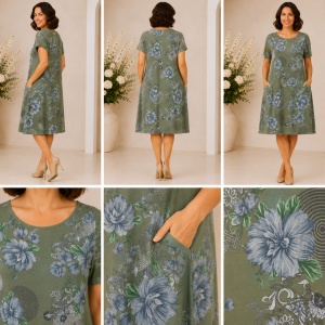 Rochie Verde Kaki cu Imprimeu Floral – Croială Lejeră și Buzunare Laterale - Img 2