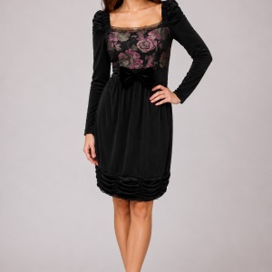 Rochie vintage, nuanta de negru-mov, imprimeu floral