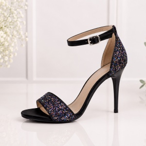 Sanda fashion cu sclipici multicolor pe fond negru, cu toc cui