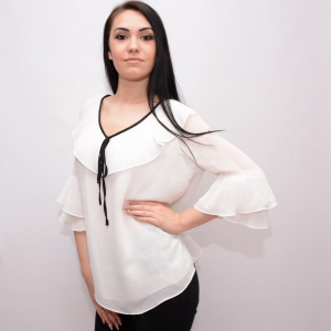 Bluza alba cu guler tip volan si snur negru, maneca larga - Img 2