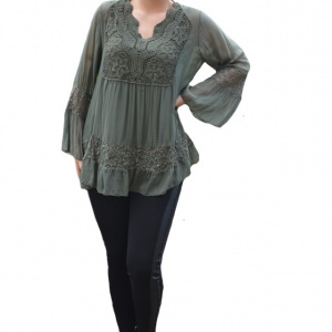 Bluza Amalia cu insertii de broderie si decolteu in V,nuanta de kaki - Img 7