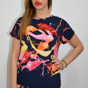 Bluza dama de zi, cu design abstract multicolor, pe fundal bleumarin - Img 3