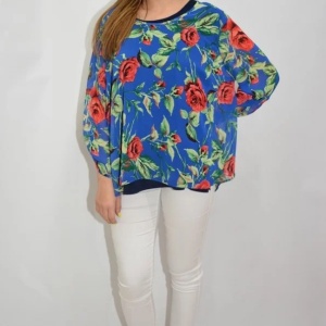 Bluza dama, din voal, in nuanta de albastru, cu design floral