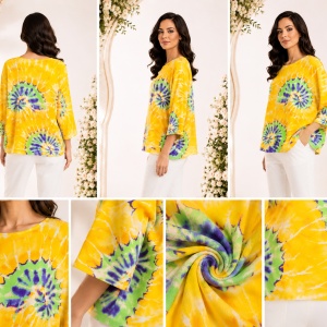 Bluză damă lejeră cu imprimeu multicolor – Galben, Verde & Mov - Img 2