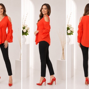 Bluza de ocazie cu croiala deosebita, lejera, de culoare rosie - Img 4