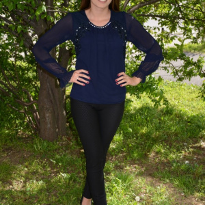 Bluza eleganta cu maneca din voal cu design plisat, bleumarin - Img 2