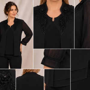 Bluza eleganta dama din voal cu applicati de margele si strasuri,neagra - Img 3