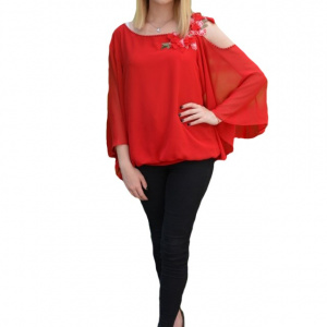 Bluza eleganta Divine,decupaj la nivelul umeriilor,nuanata de rosu - Img 1