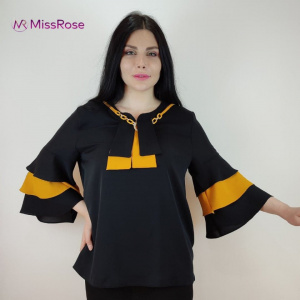 Bluză elegantă neagră cu volane și fundă decorativă galben muștar - Img 2