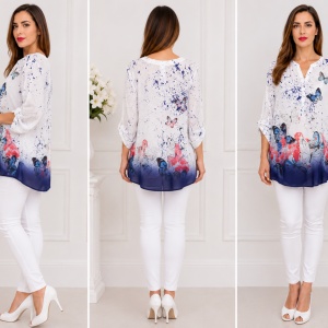 Bluza rafinata,design de nasturi, alba cu model de fluturi - Img 2