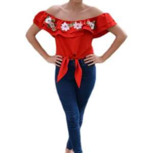 Bluza rosie cu talie scurta, decolteu pe umeri si broderie florala - Img 1