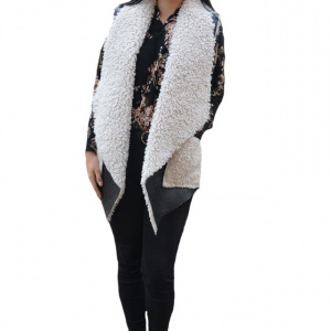 Cardigan tip vesta Olivia din piele,croi asimetric,nuanta negru-alb - Img 1