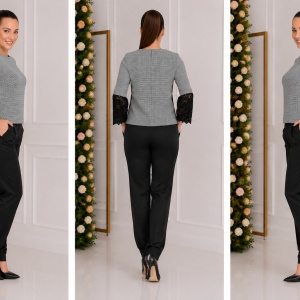 Costum de ocazie cu pantalon negru si bluza pepit cu dantela - Img 3