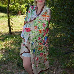 Esarfa casual-elegant cu design multicolor si paspoal maro inchis - Img 2