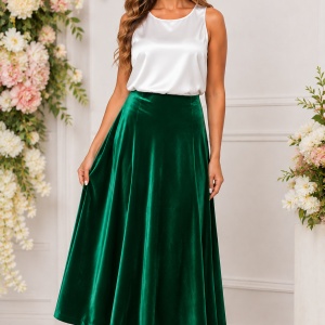 Fustă Midi Elegantă din Catifea Verde Smarald, 95% Poliester și 5% Elastan
