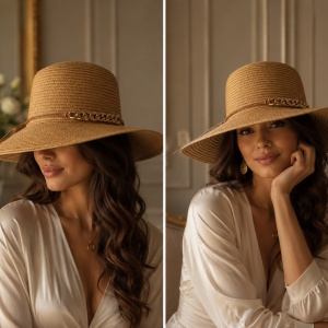 Pălărie de Damă Bej cu Boruri Largi și Detalii Elegante – Accesoriu Chic pentru Vară,