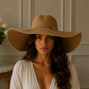 Pălărie de Damă Bej cu Boruri Largi și Detalii Elegante – Accesoriu Chic pentru Vară,