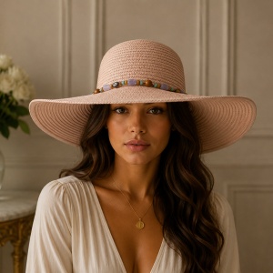 Pălărie de Damă Pudra cu Boruri Largi ,Eleganta, Rafinata