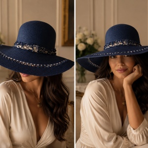 Pălărie de Vară Chic pentru Plajă și Vacanță Nuanta de Bleumarin -Alb Deschis Design Dantelat - Img 2