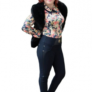 Pantalon bleumarin in tendinte cu insertie de piele ecologica - Img 1