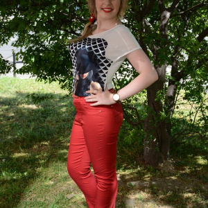 Pantalon lung de vara, rosu, material usor elastic, talie medie - Img 3