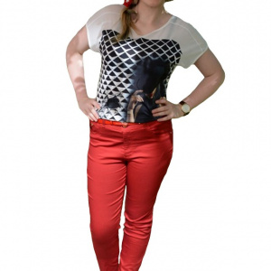 Pantalon lung de vara, rosu, material usor elastic, talie medie - Img 1