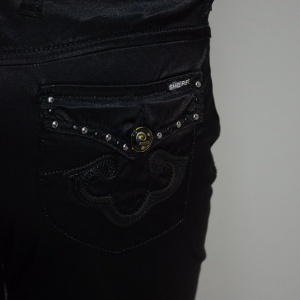 Pantalon lung, deosebit, din material cu aspect satinat, negru - Img 3